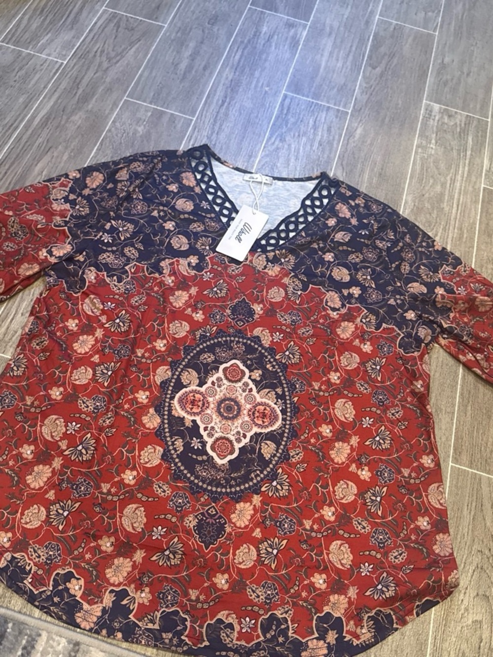 Red Floral Print V-Neck Shirt